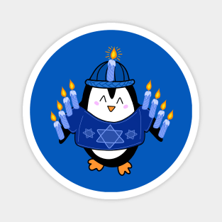 Cute Hanukkah Penguin Dressed as a Menorah on a Blue Backdrop, made by EndlessEmporium Magnet